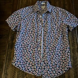 Men’s Size S Navy Short Sleeve Button Down with Red/white/Blue flowers